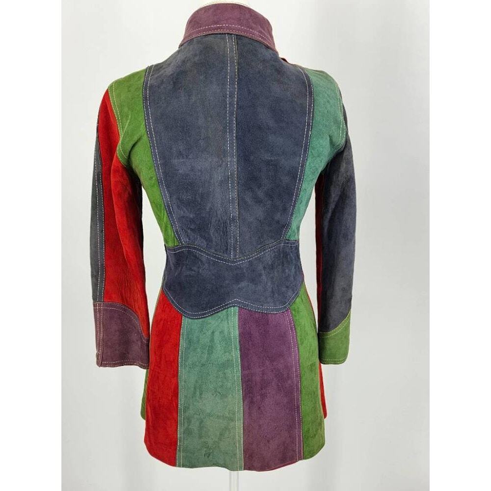 Vintage 70s Patchwork Suede Leather Trench Coat Colorblock Boho Jacket Small - Picture 2 of 8